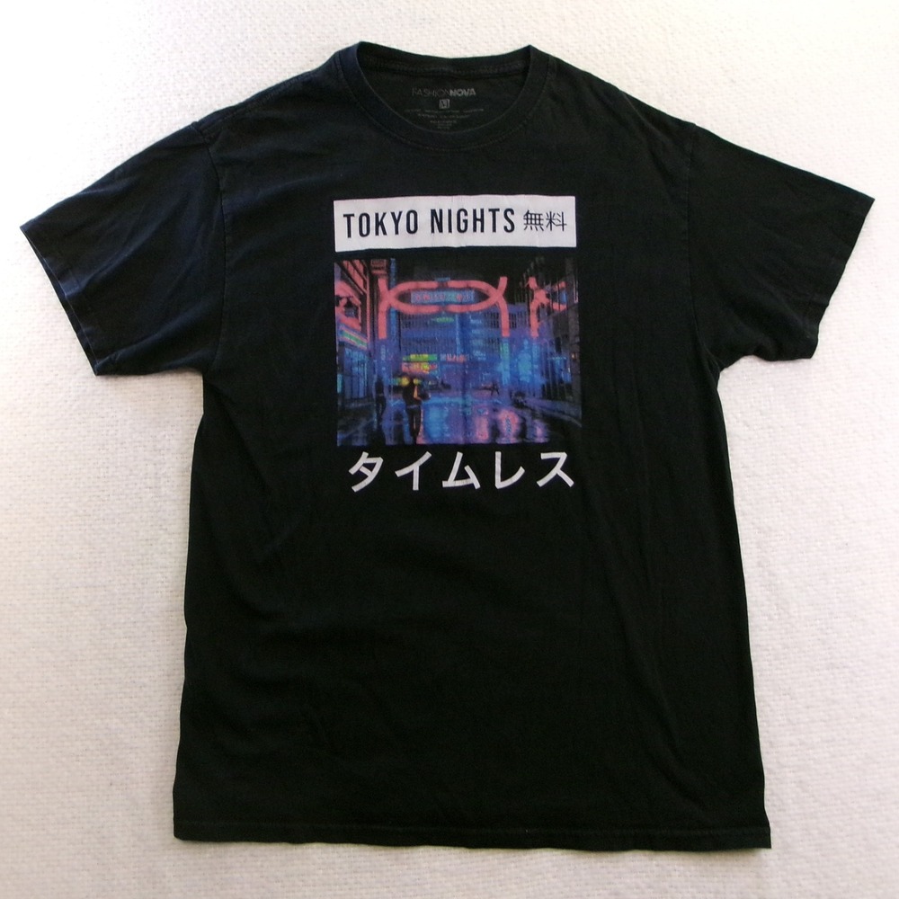 Fashion Nova Mens M T-Shirt Black Tokyo Nights Neon Graphic Print Tee